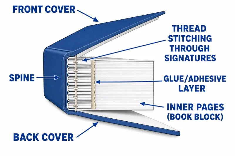 Anatomy of a sewn perfect bound book showing cover, spine, thread stitching through signatures, glue layer, and inner pages