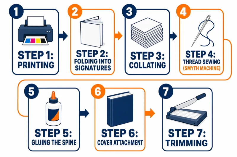 7-step infographic of sewn perfect binding production process: Printing, Folding, Collating, Thread Sewing, Gluing, Cover Attachment, Trimming