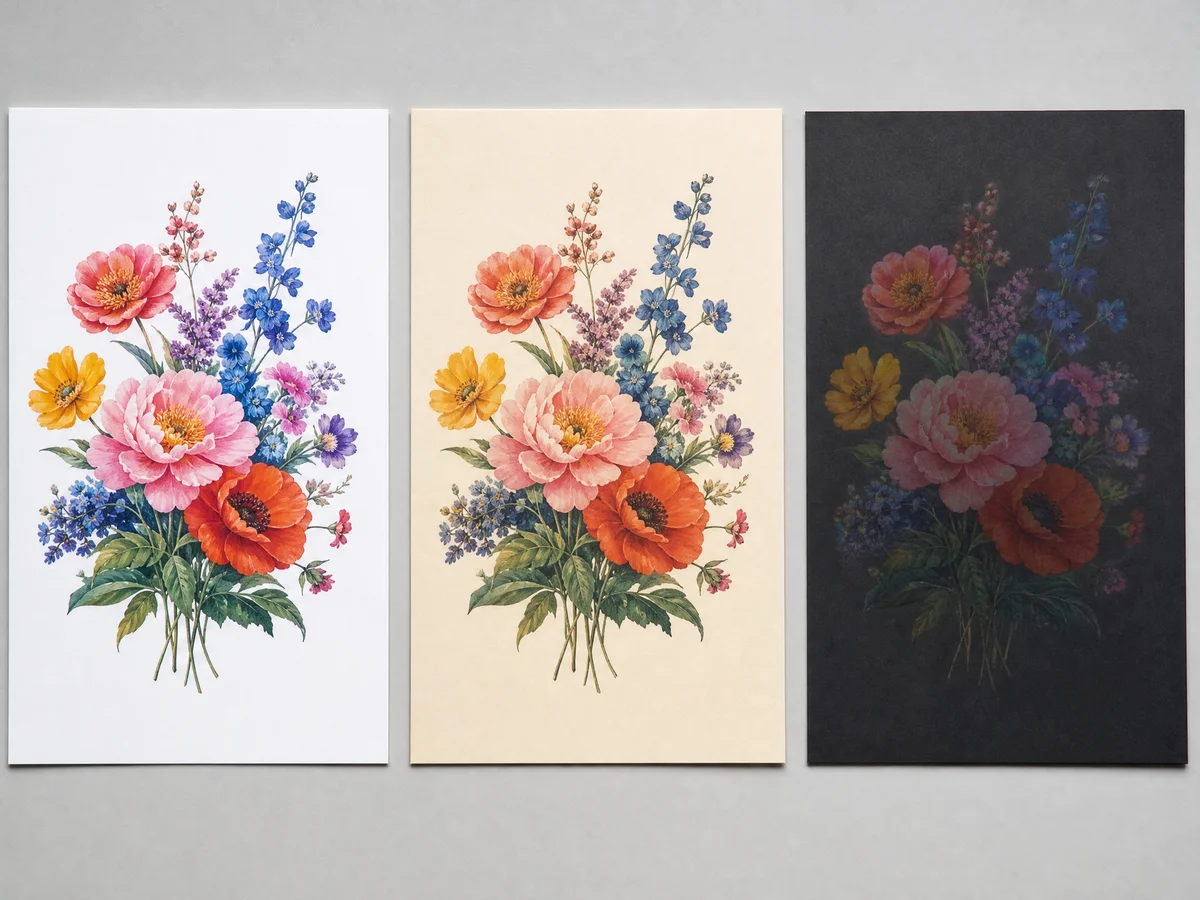 Side-by-side comparison showing CMYK print results on white paper versus light-toned and dark special papers with visible color cast differences