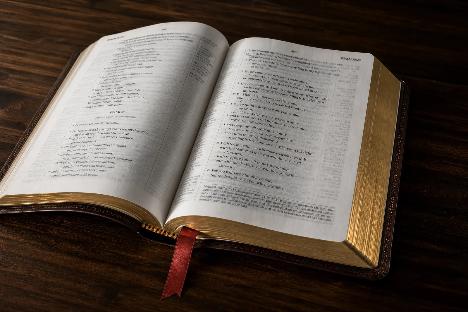 Open leather-bound Bible with gilt-edged pages and ribbon bookmark, printed on thin Bible paper in China