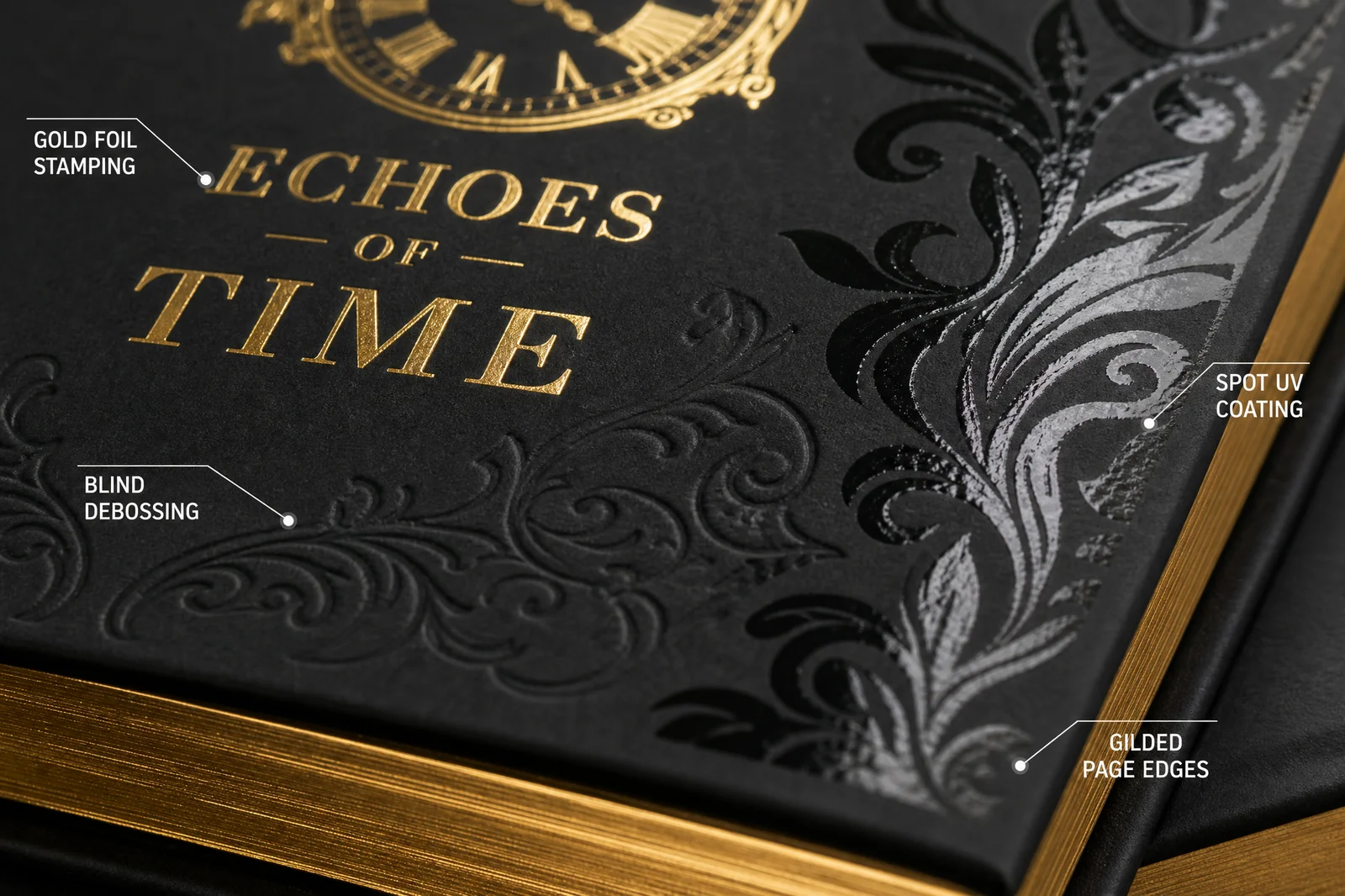 Close-up of specialty finishing techniques on book covers: foil stamping, embossing, spot UV, and gilded page edges