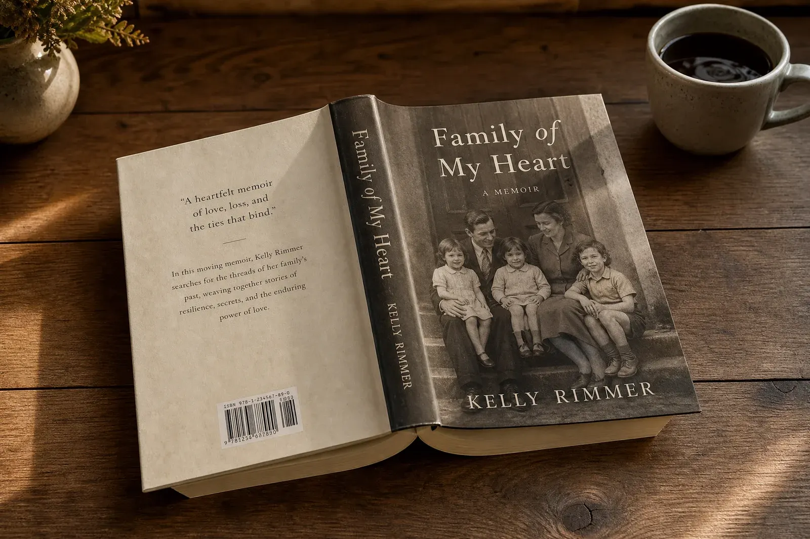 Hardcover memoir book with dust jacket featuring a family photograph, printed on cream uncoated paper