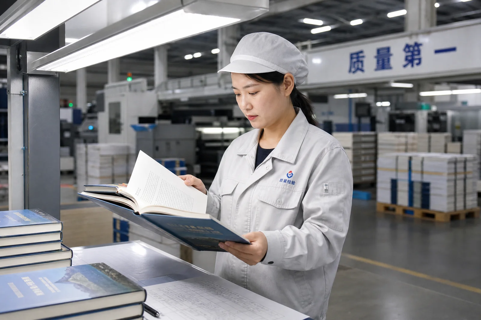 Quality control inspector examining a finished specialty hardcover book at a Chinese printing facility