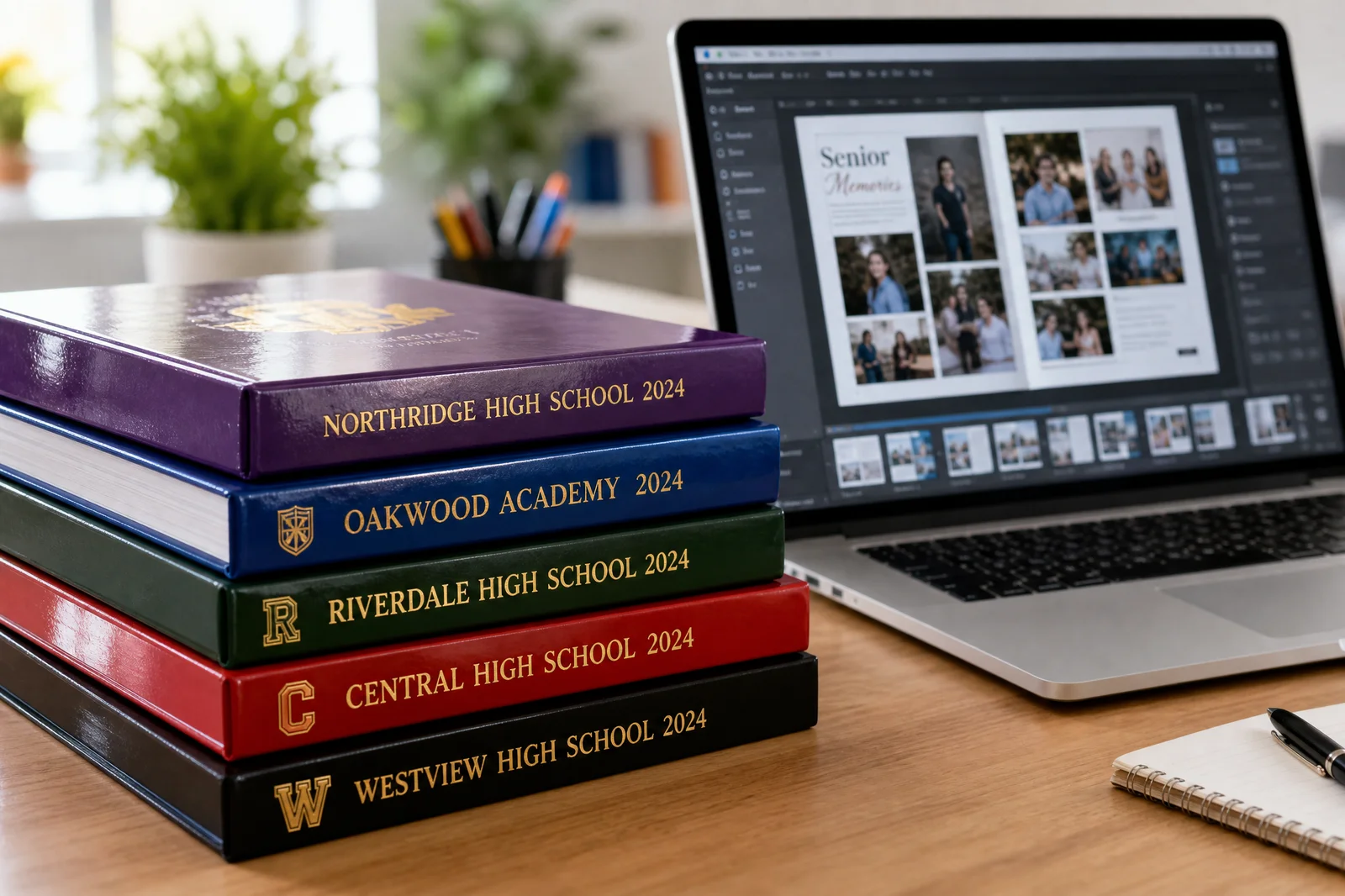 Colorful hardcover yearbooks with foil-stamped titles stacked on a desk next to a laptop showing layout software