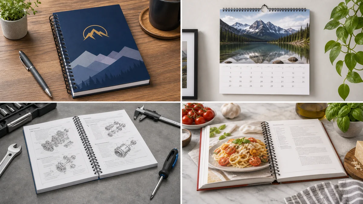 Spiral coil bound applications showing notebooks, calendars, manuals, and cookbooks in various binding styles