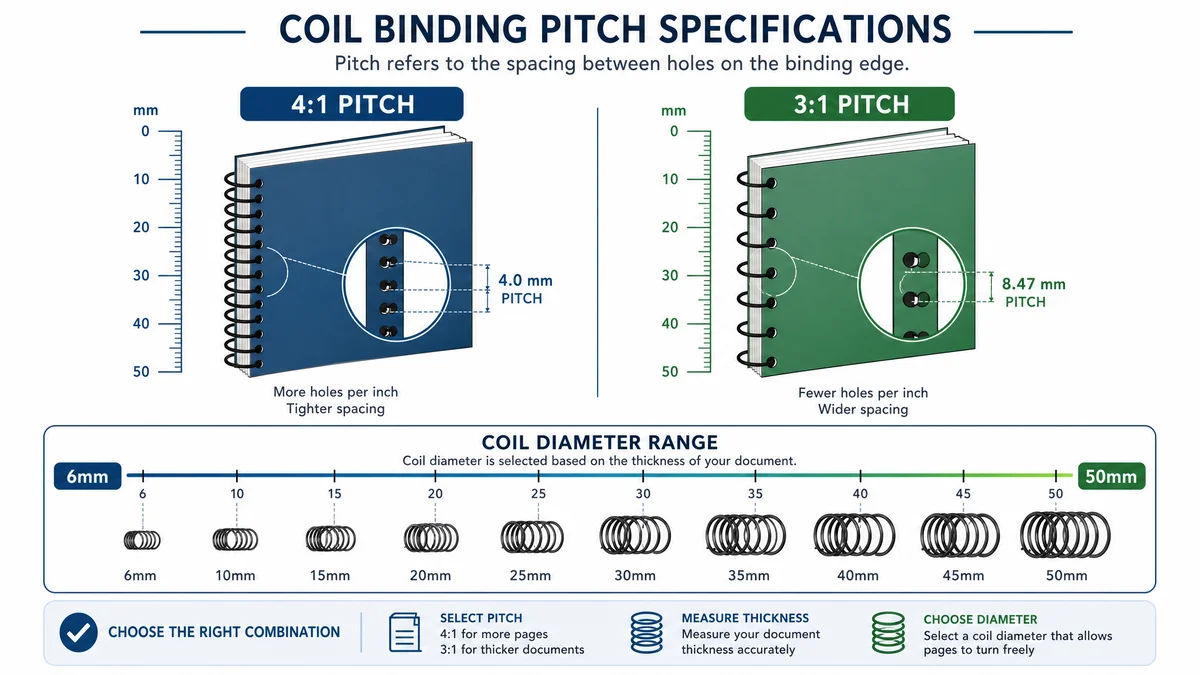Spiral coil binding pitch specifications diagram showing 4:1 vs 3:1 hole patterns and coil diameters