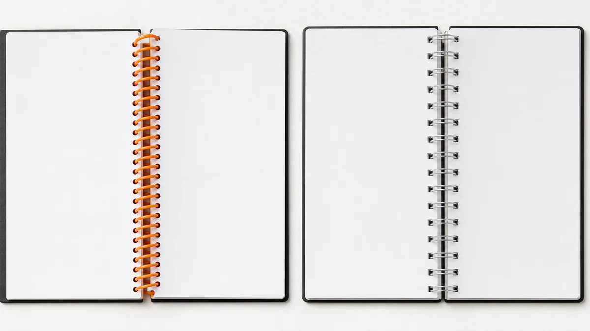 Plastic coil binding vs Wire-O binding comparison showing spiral structure and double-loop wire design