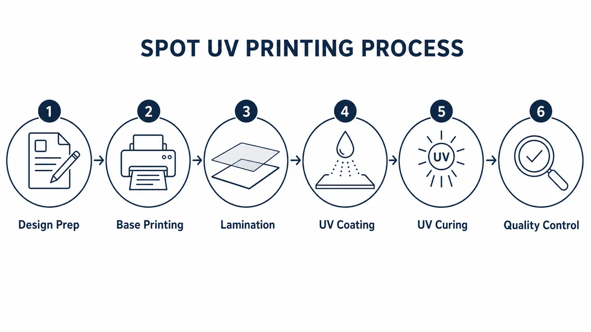 Spot UV printing process diagram showing six key stages from design to finishing