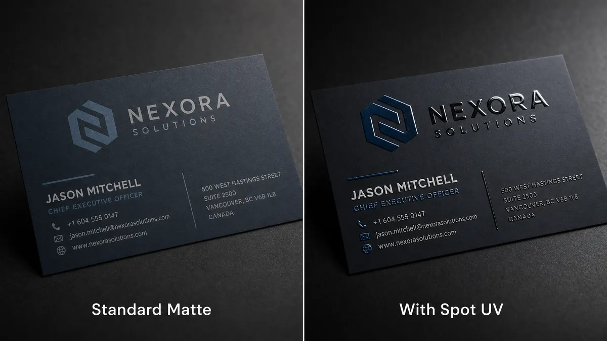 Side-by-side comparison showing spot UV glossy finish versus regular matte finish on same design