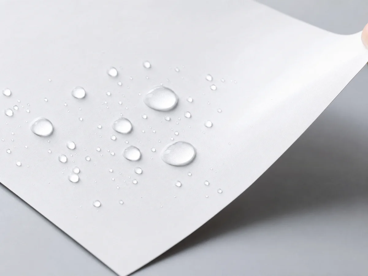 Water droplets beading on synthetic paper surface demonstrating waterproof and tear-resistant properties