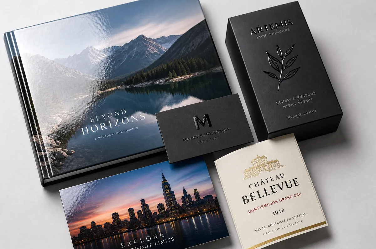 Collage of UV coating applications — book covers, business cards, cosmetic packaging, and postcards with glossy protective finish