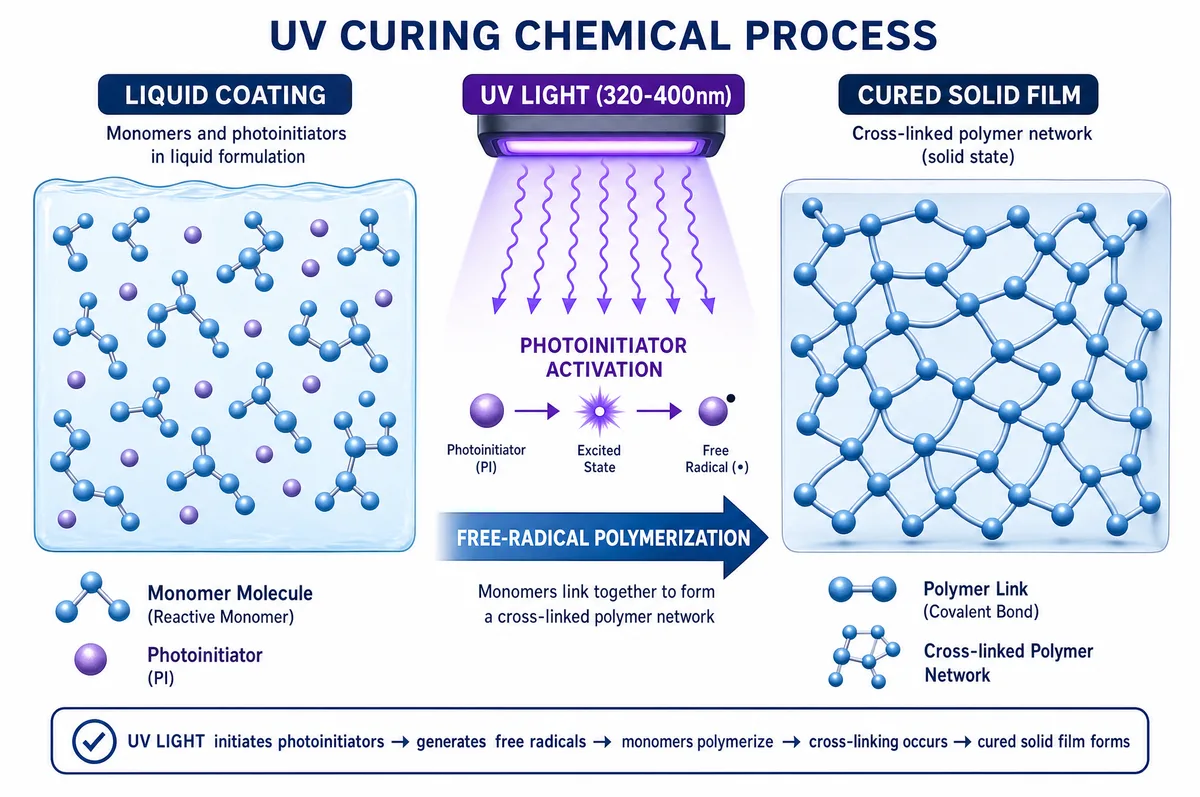 Diagram showing the UV curing chemical reaction — liquid monomers and photoinitiators transforming into a cross-linked solid polymer network under UV light