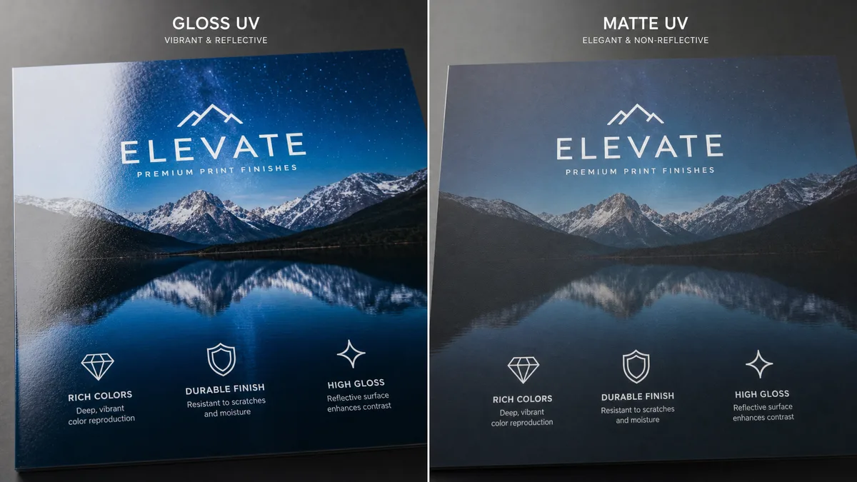 Side-by-side comparison of gloss UV coating showing vibrant reflective finish versus matte UV coating showing elegant non-reflective surface