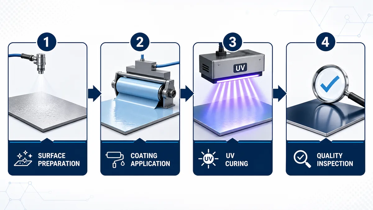 Flowchart of the UV coating production process — from printing and surface preparation through coating application, UV curing, and final quality inspection