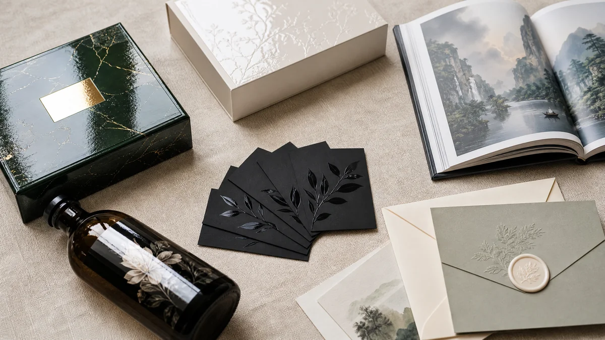 Collection of printed products with varnish finishes including business cards, packaging boxes, and book covers