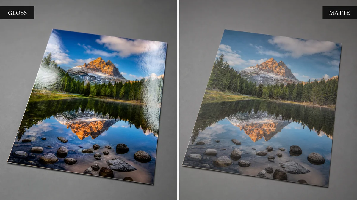 Side-by-side comparison of gloss varnish and matte varnish on the same printed image showing finish differences