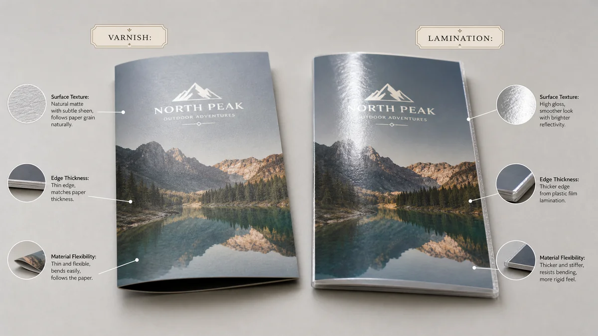Visual comparison showing varnished print versus laminated print with callouts for key differences