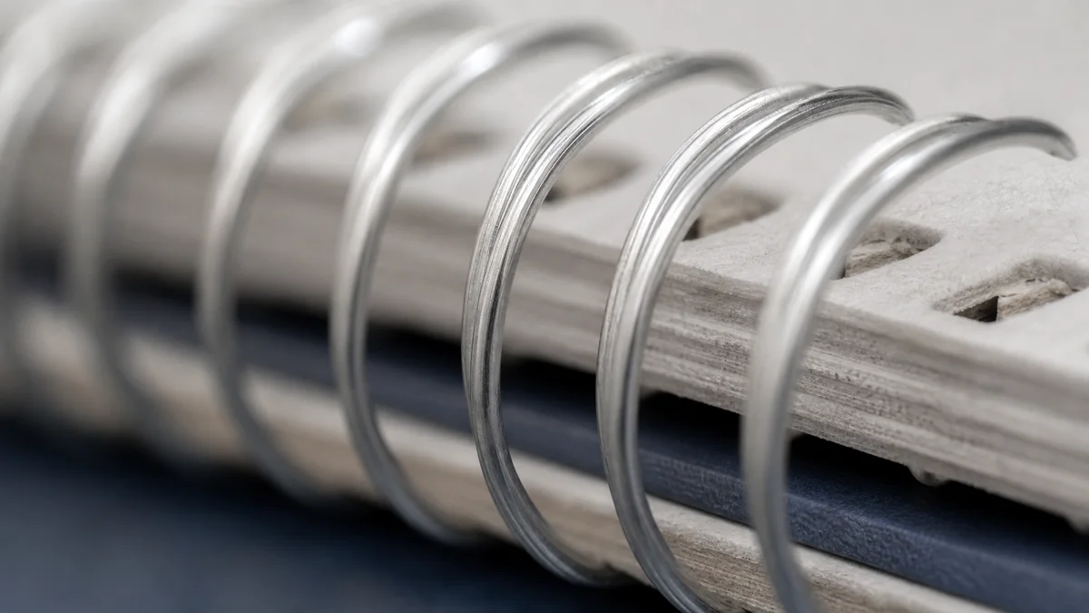 Close-up view of twin-loop Wire-O binding showing double metal wire loops securing printed pages