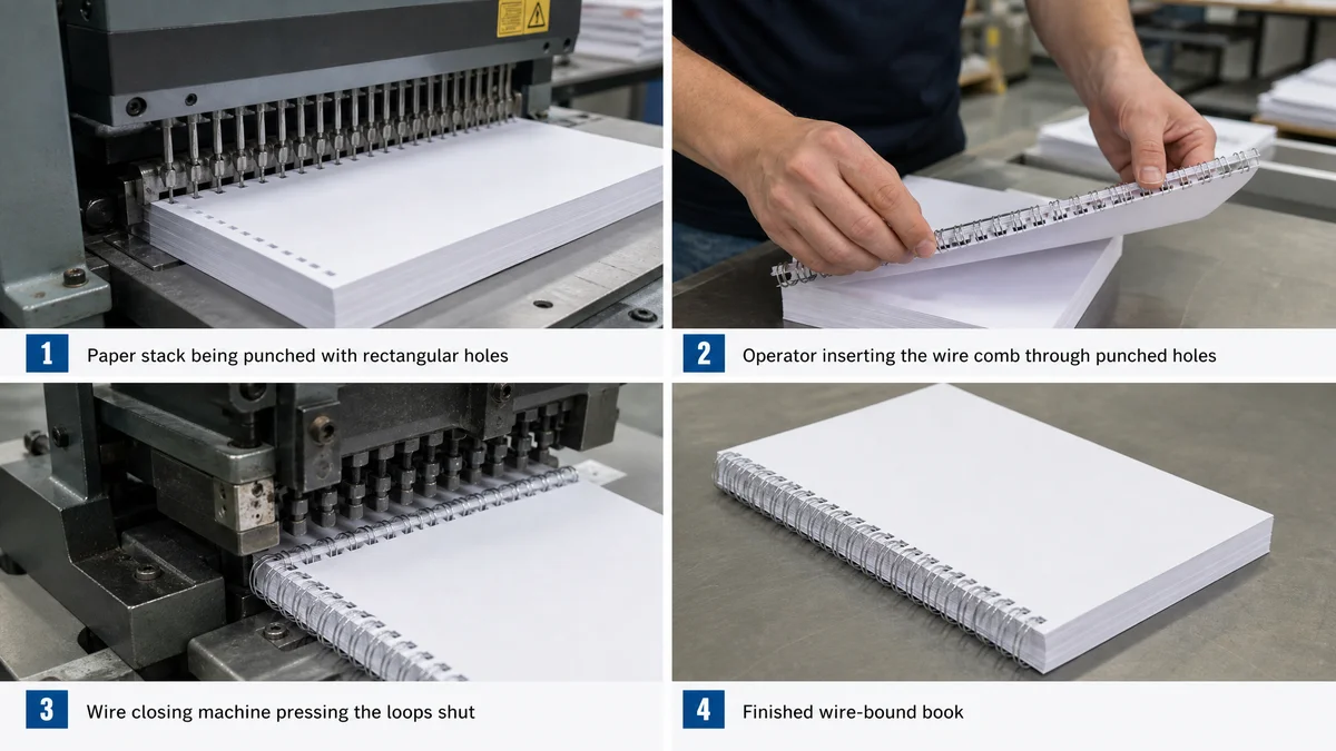 Step-by-step illustration of the Wire-O binding process from punching to wire insertion to closing