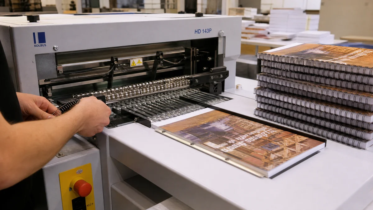 Professional printing production line showing Wire-O binding equipment with finished books stacked nearby