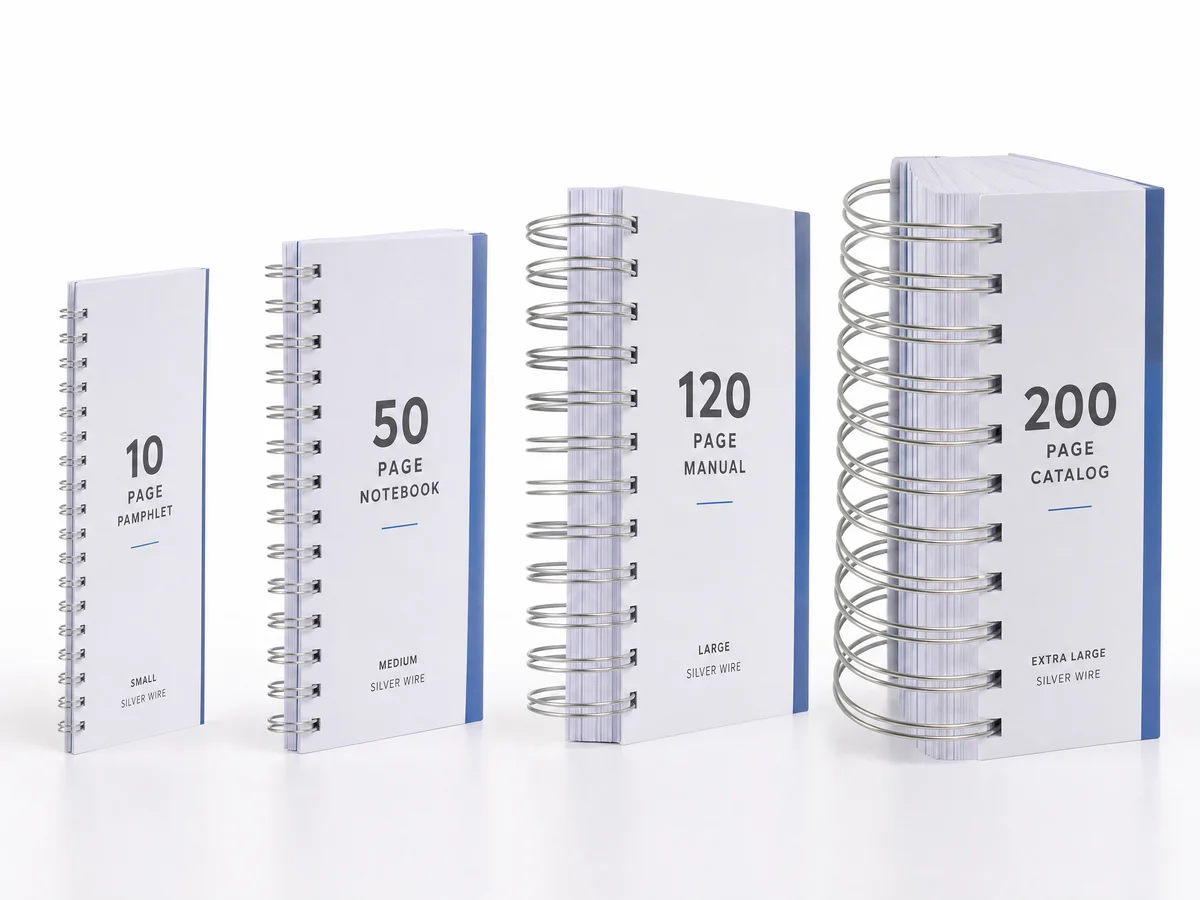 Side-by-side comparison of different Wire-O binding sizes from thin to thick showing various wire diameters