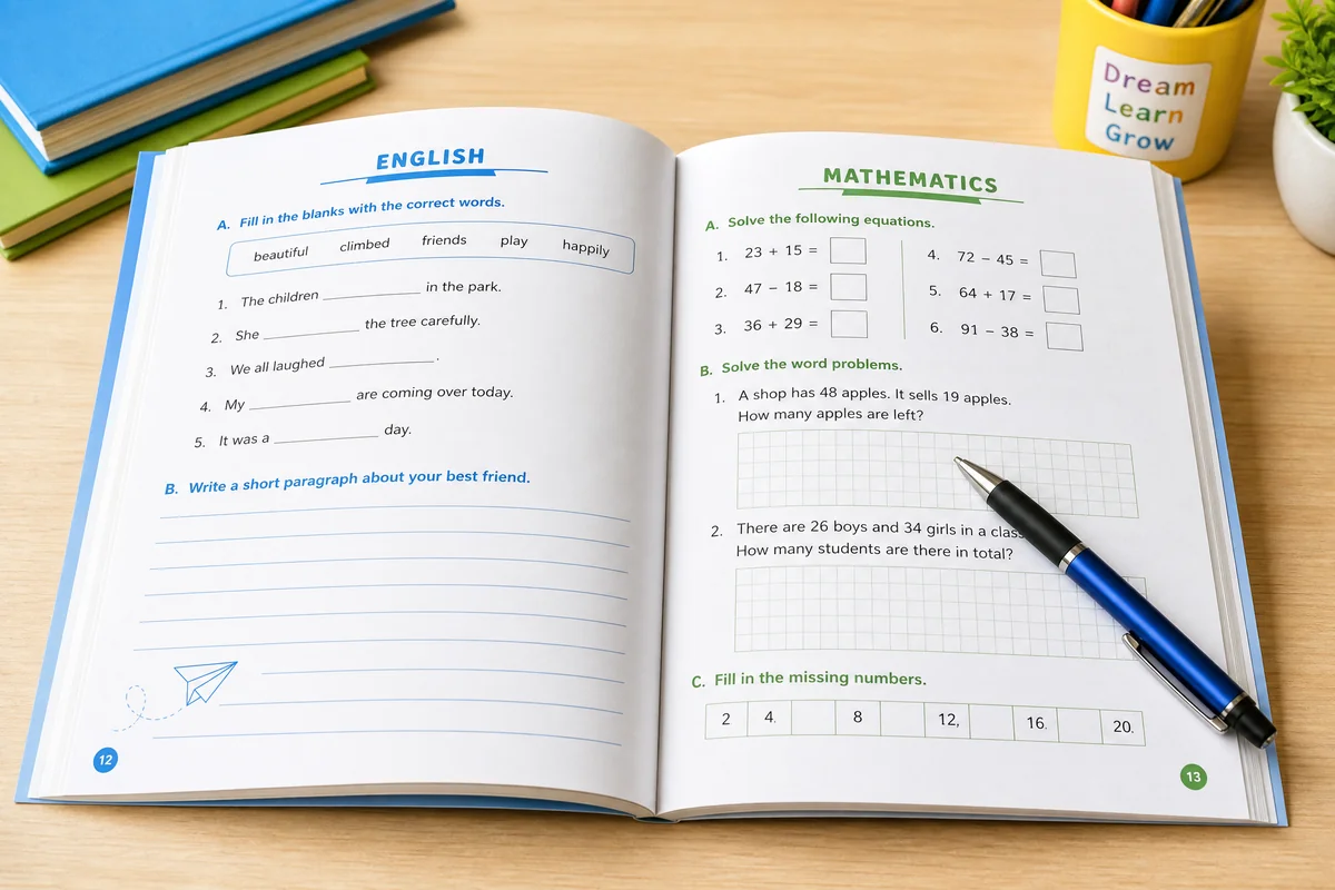 Custom printed educational workbooks with varied interior page designs and binding styles for schools and training