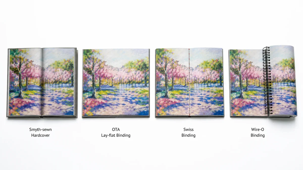 Comparison of Smyth-sewn hardcover, OTA lay-flat, Swiss exposed-spine, and Wire-O binding for art books