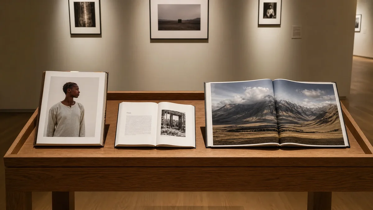 Three art books in portrait, landscape, and square formats displayed on a gallery table showing different viewing experiences