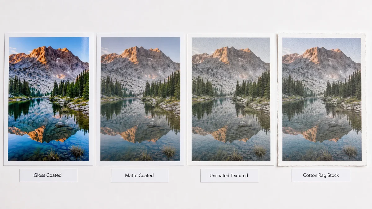 Side-by-side comparison of gloss coated, matte coated, uncoated art paper, and textured cotton stock for art book printing