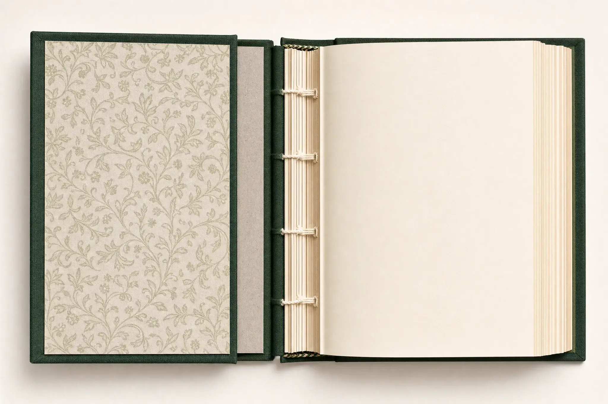 Open hardcover book showing case binding construction with visible spine hinge and endpapers