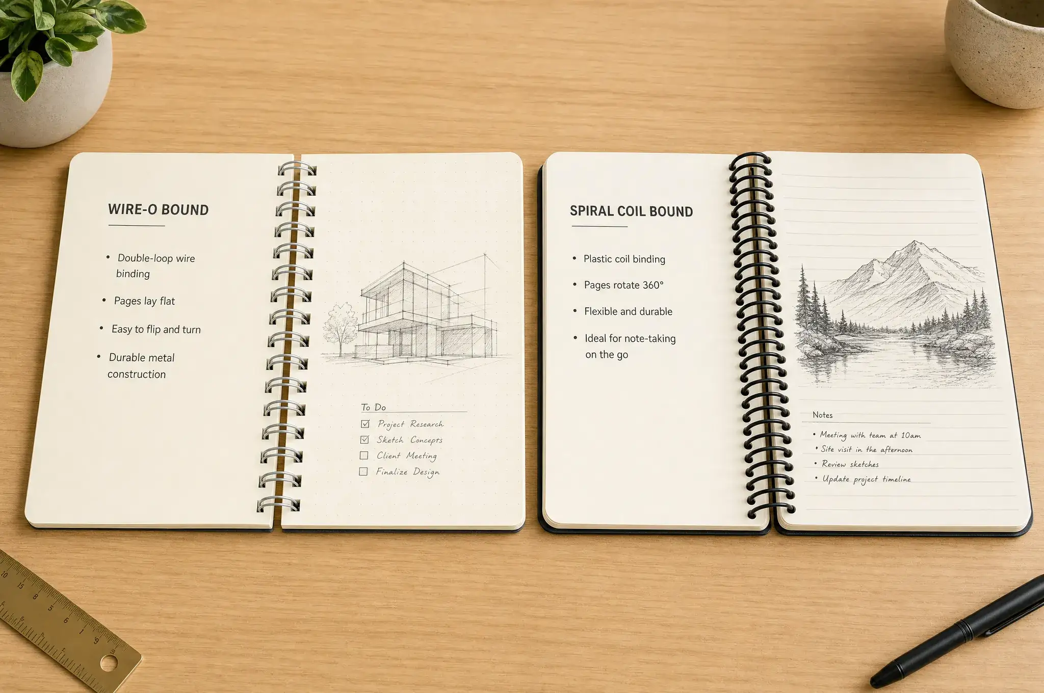 Side-by-side comparison of Wire-O bound notebook with double wire loops and spiral coil bound notebook