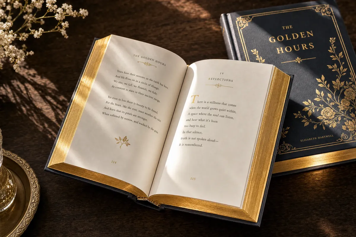 Hardcover book with gold-gilded page edges displayed flat, showing the metallic shine on all three edges catching light