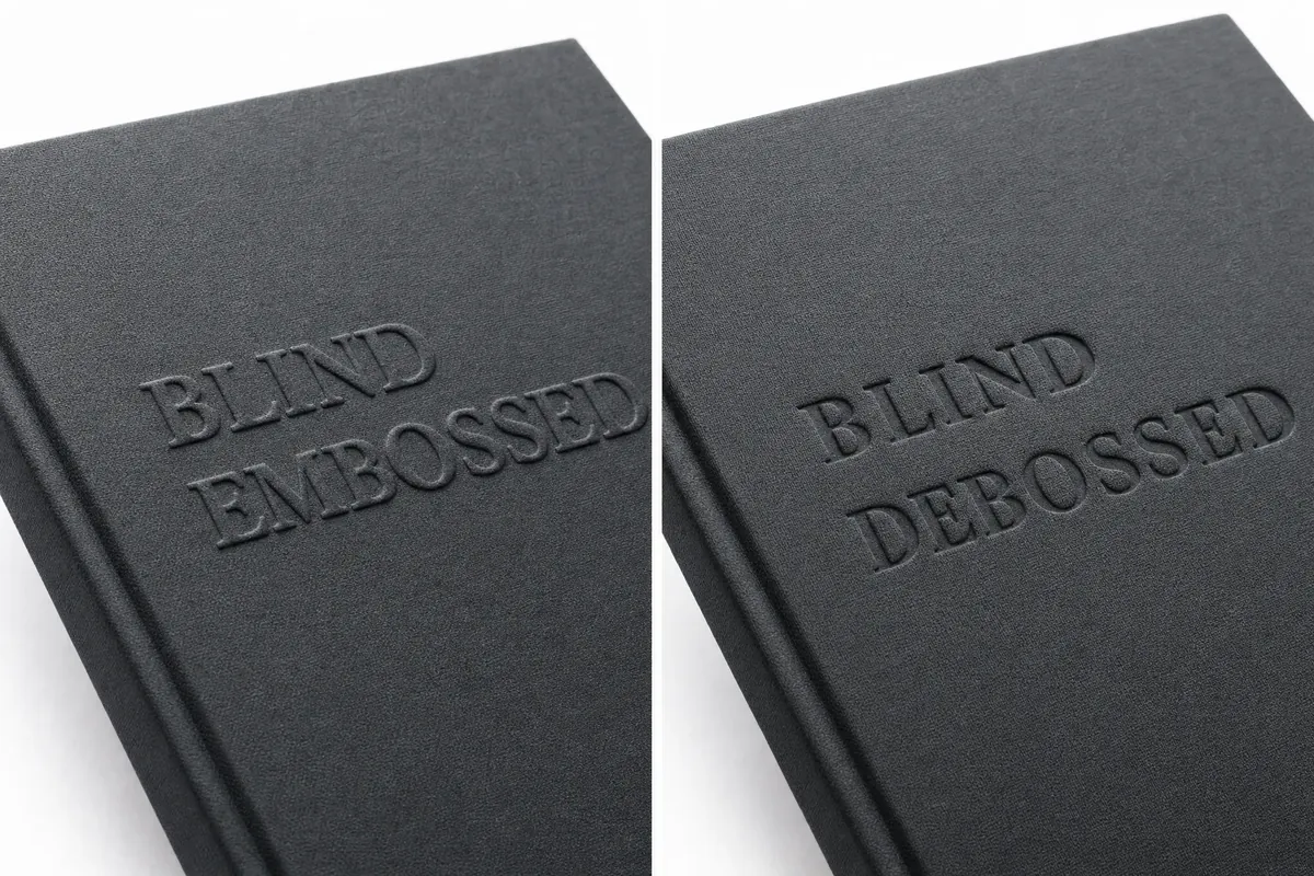 Side-by-side comparison showing embossed raised text and debossed recessed text on book cover material, illustrating tactile difference
