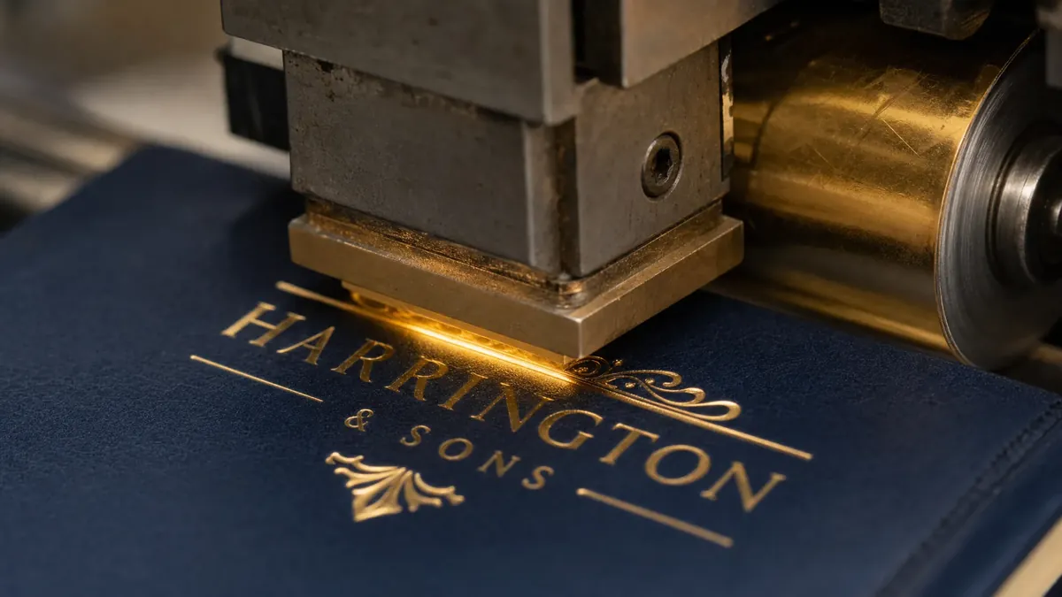 Close-up of a gold foil stamping die pressing metallic foil onto a dark book cover, showing the heat transfer process and resulting reflective finish