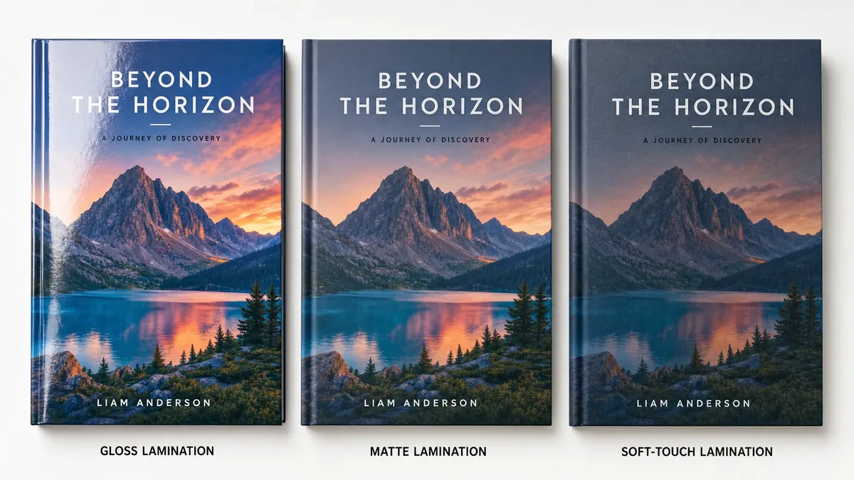 Three book covers side by side showing gloss, matte, and soft-touch lamination finishes with visible difference in reflectivity and texture