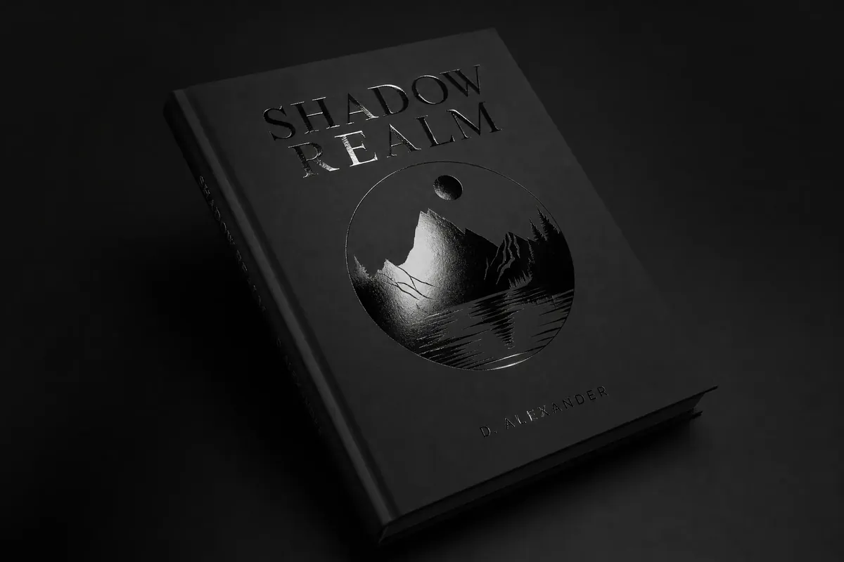 Book cover with spot UV coating on title text against matte background, showing the gloss-on-matte contrast effect under angled light
