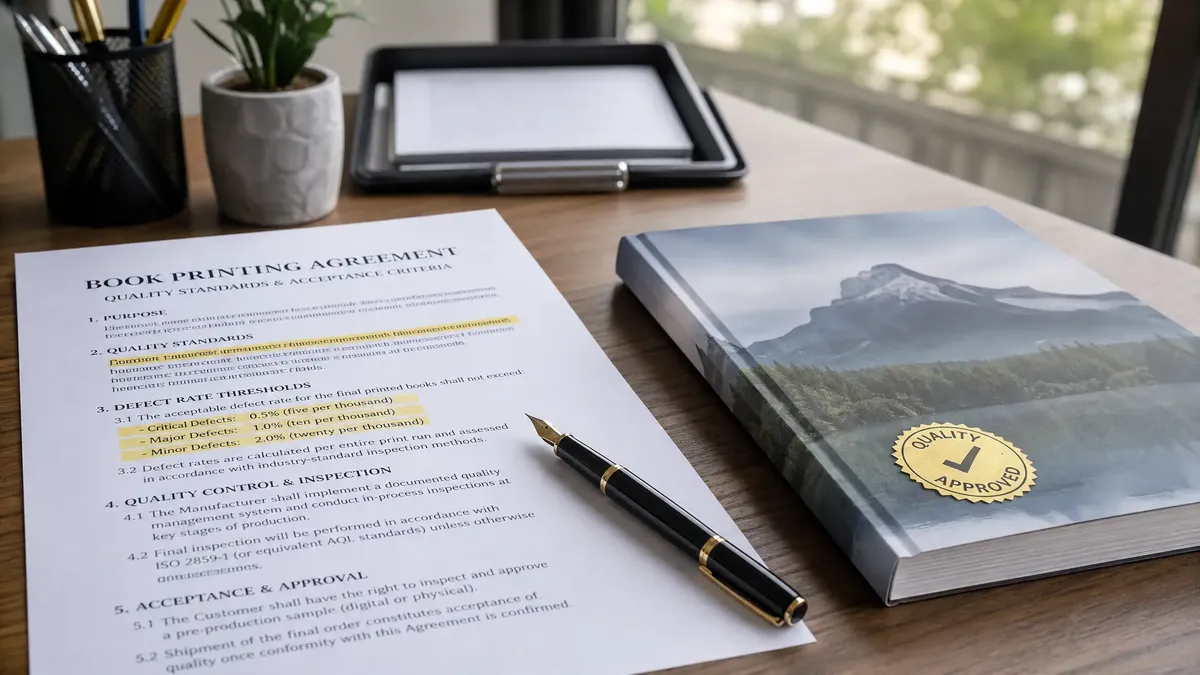 Professional book printing contract documents with quality assurance terms, defect rate specifications, and resolution procedures outlined