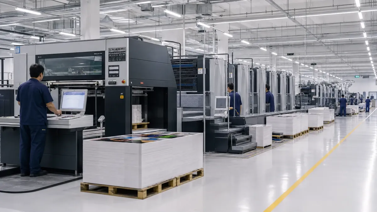Large-scale book printing factory floor with Heidelberg offset presses running in Shenzhen, showing industrial production capacity