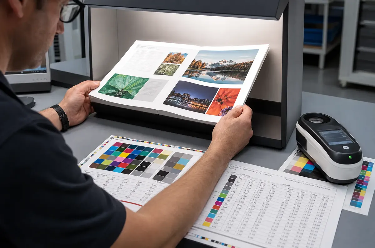 Quality control inspector examining printed book signatures under calibrated viewing light with spectrophotometer measurements