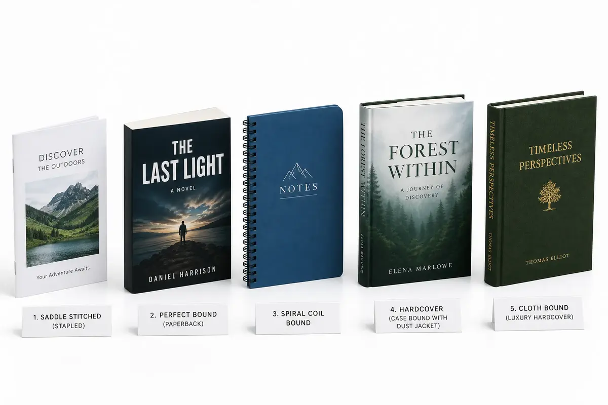 Visual comparison of five binding types: saddle stitch, perfect bound, spiral bound, case bound hardcover, and cloth hardcover