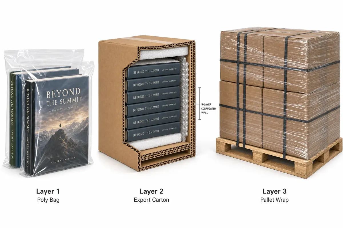 Book packaging for international shipping with three-layer protection system