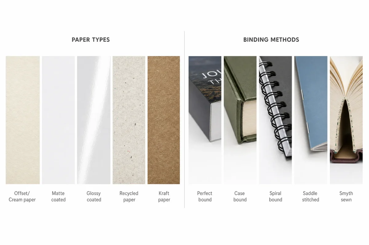 Comparison of book paper types and binding methods for printing projects