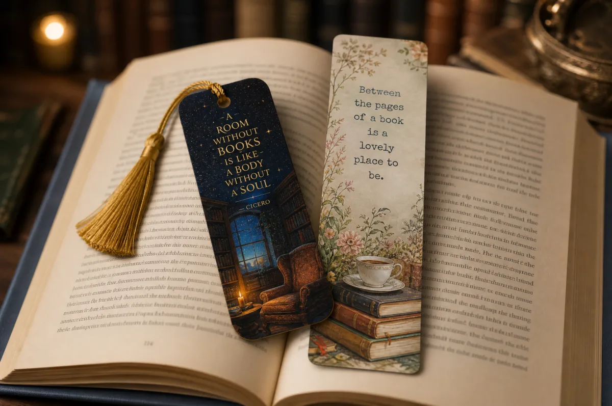 Custom printed bookmarks with rounded corners gold silk tassel and matte lamination