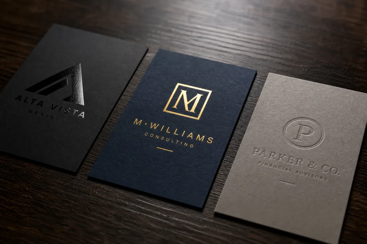 Business cards with spot UV coating, gold foil stamping and blind embossing finishing techniques