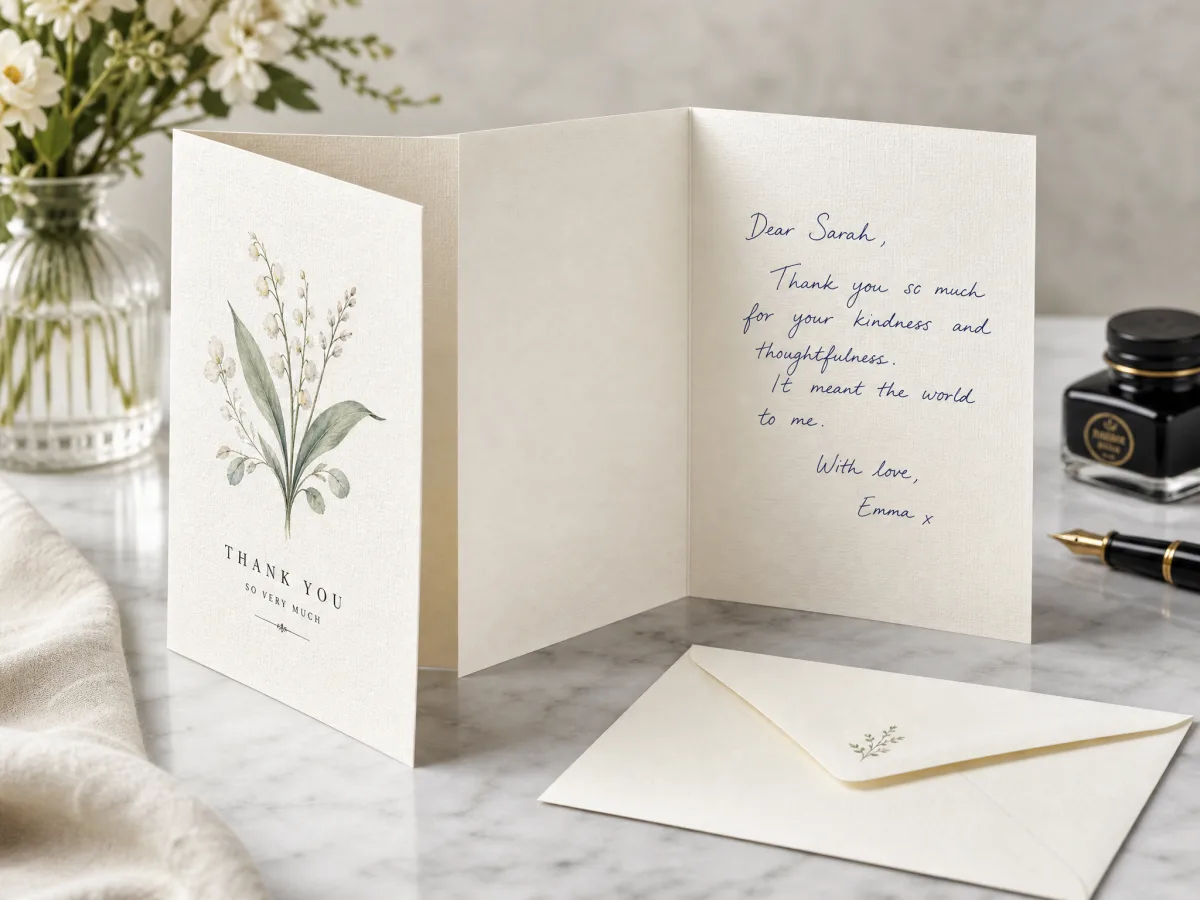 A7 folded greeting card on uncoated linen textured paper with matching envelope