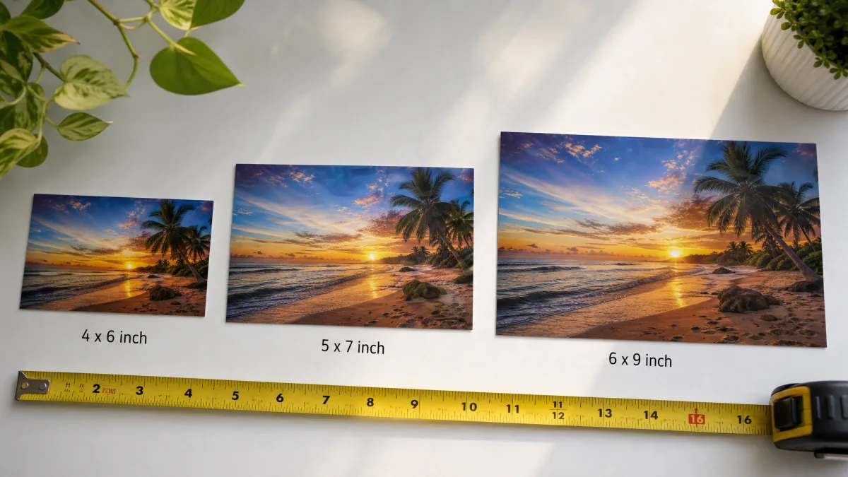 Standard postcard sizes comparison 4x6 5x7 and 6x9 inches on premium gloss card stock
