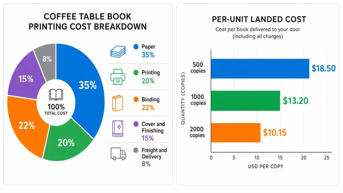 Pie chart and bar graph showing coffee table book printing cost breakdown by component — paper, printing, binding, cover finishing, and shipping