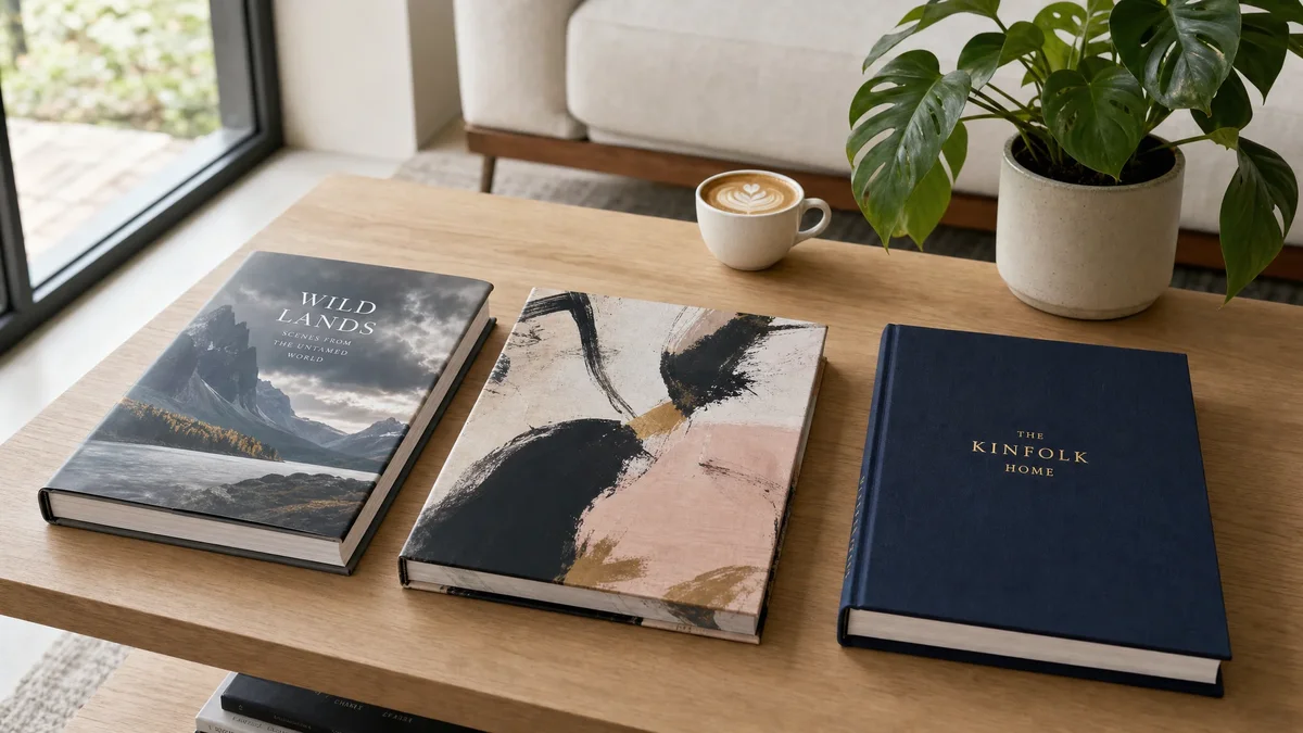 Three coffee table books showing dust jacket, case laminate, and cloth case with foil stamping — displayed on a coffee table in a living room setting