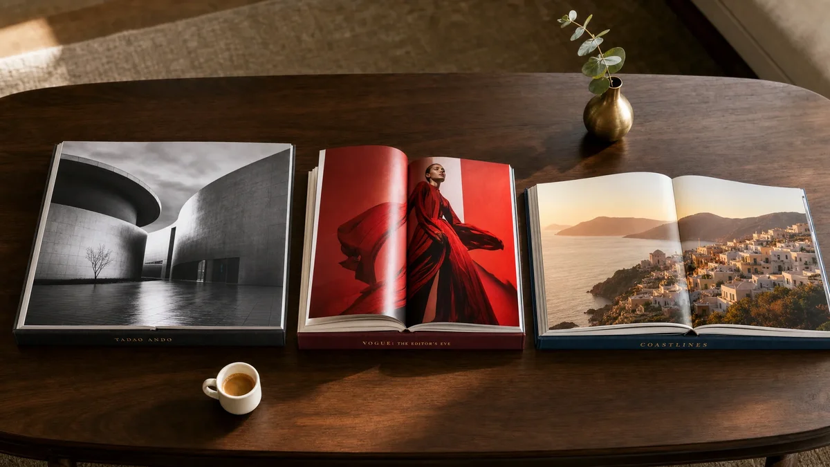 Three coffee table books in square 12x12, portrait 9x12, and landscape 13x11 formats displayed on a wooden coffee table
