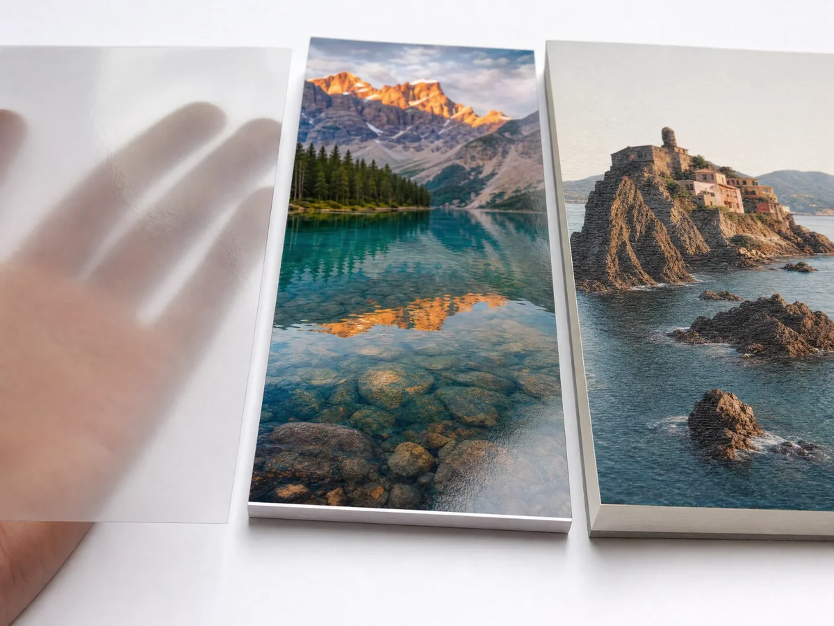 Side-by-side comparison of 157gsm, 200gsm, and 300gsm coated paper stocks for coffee table book interiors, showing opacity and thickness differences